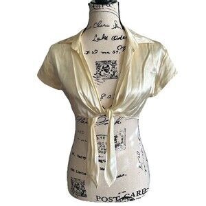 VTG NWT My Michelle Shiny Ivory collared tie-front crop top Or Cover